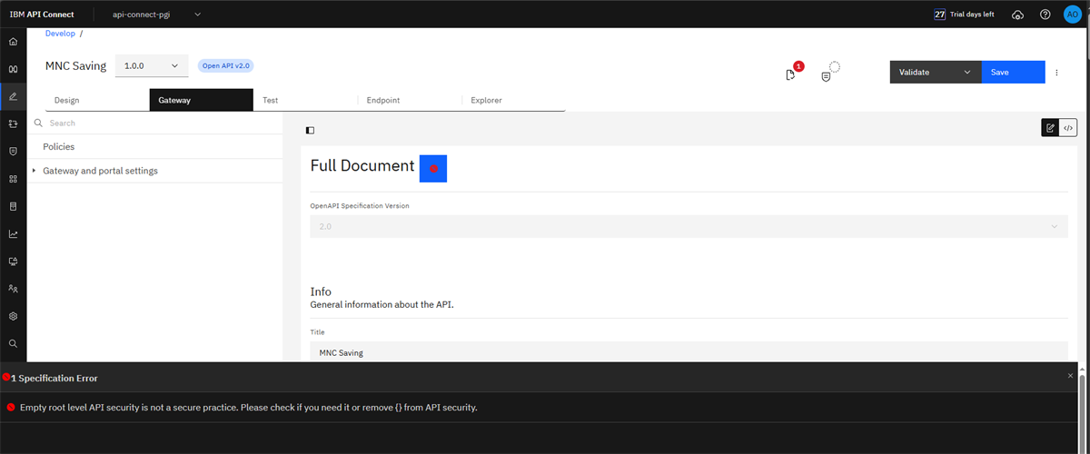 Empty root level API security is not a secure practice. Please check if you need it or remove {} from API security.